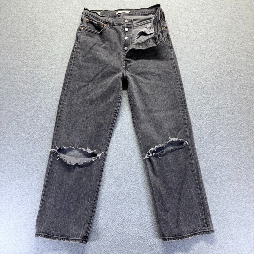 Levis Jeans Womens 29 Black Ribcage Straight Ankle High Rise Distressed Denim